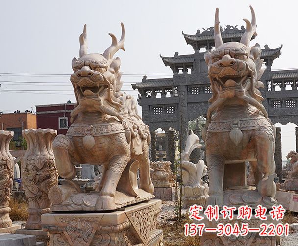 威海晚霞红瑞兽麒麟石雕 (2)