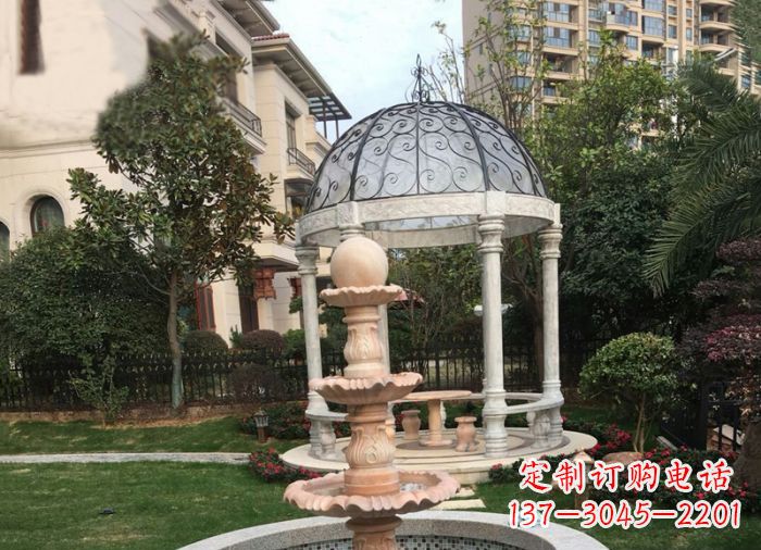 威海晚霞红三层风水球喷泉小区石雕