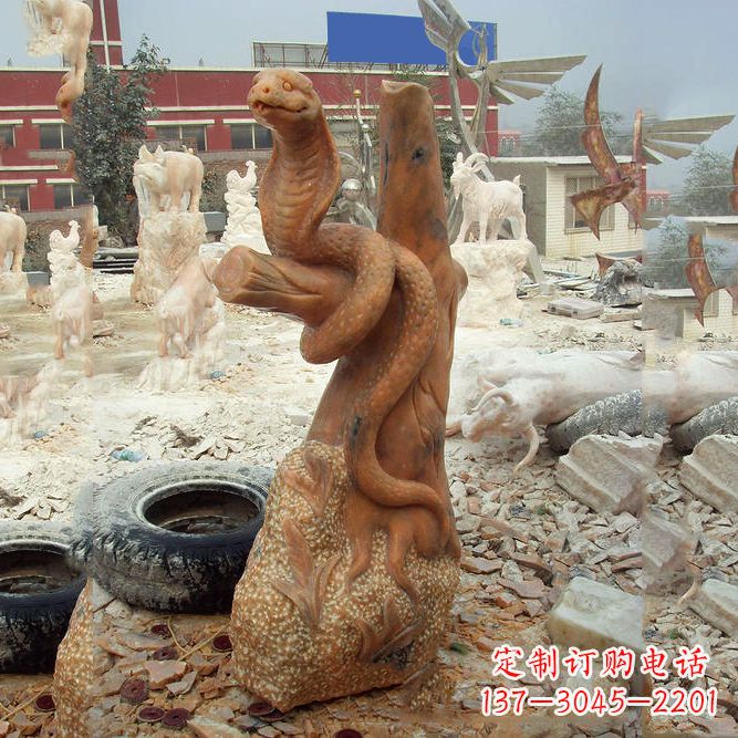 威海晚霞红蛇石雕-12生肖动物雕塑
