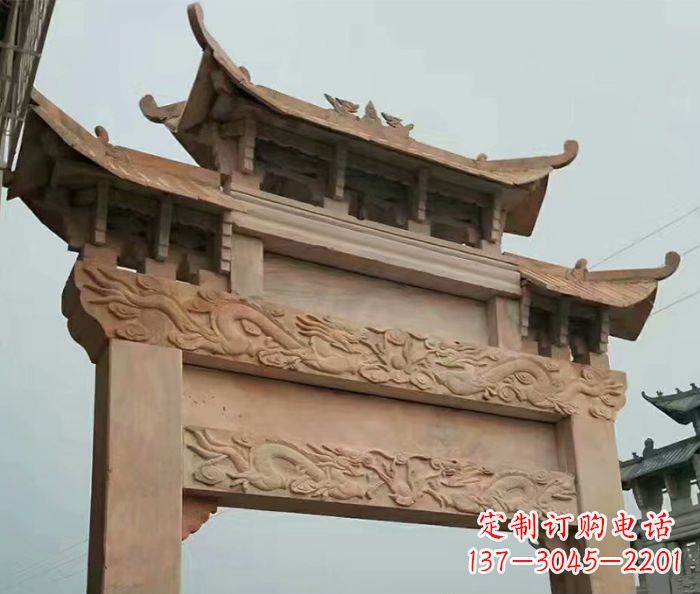 威海晚霞红石雕单门牌坊