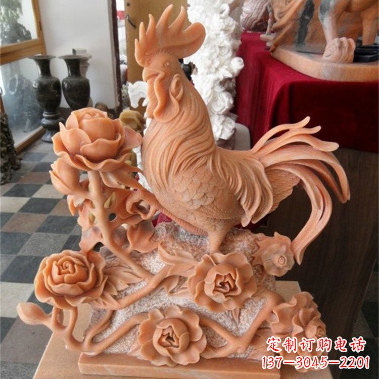 威海晚霞红石雕公鸡雕塑