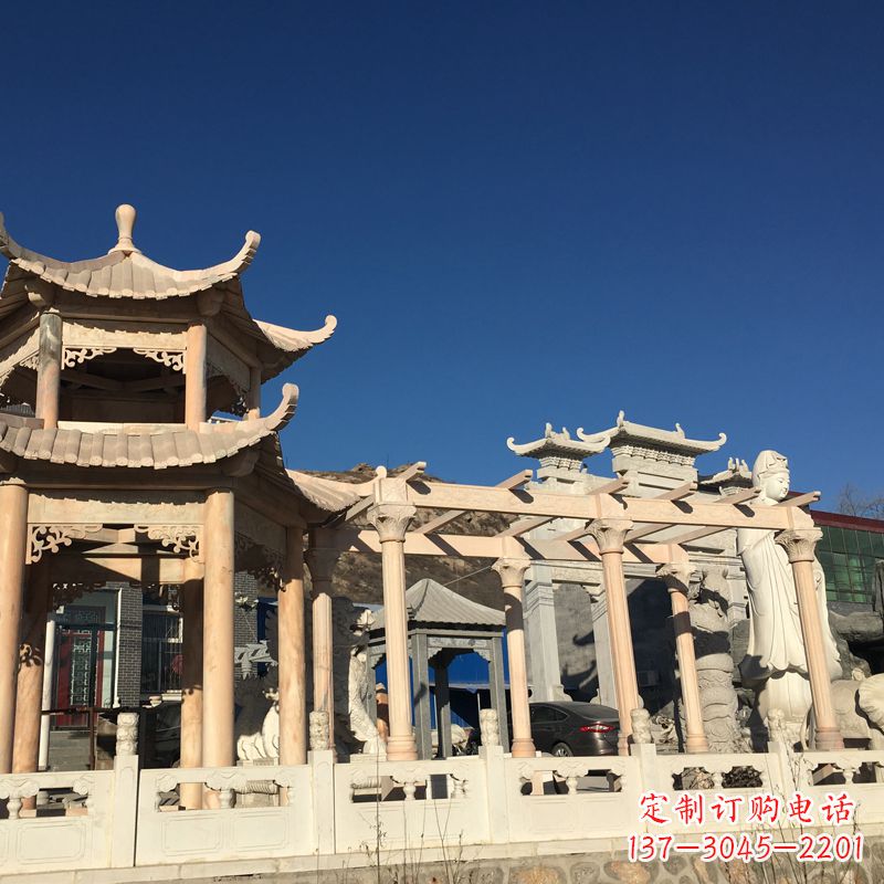 威海晚霞红石雕凉亭花架