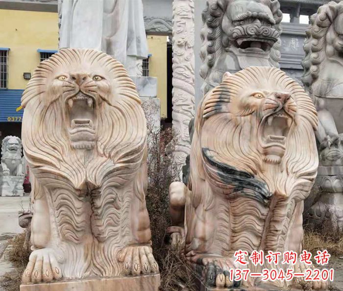 威海晚霞红石雕欧式石狮子