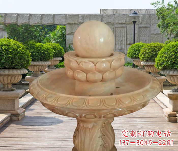 威海晚霞红双层风水球公园喷泉石雕 (2)