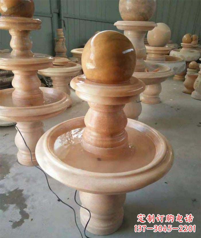 威海晚霞红双层风水球别墅喷泉石雕