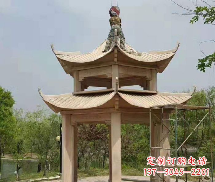 威海晚霞红双层凉亭石雕 (2)