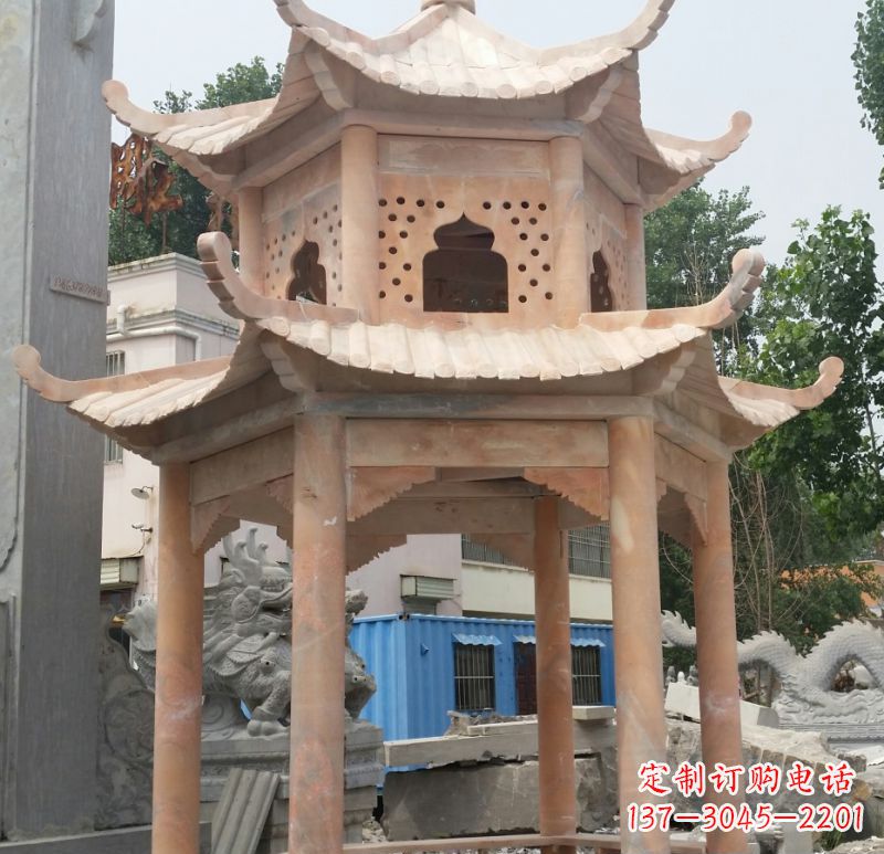 威海晚霞红双层六角凉亭石雕 (2)