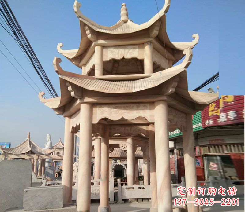 威海晚霞红双层六角凉亭石雕 (3)