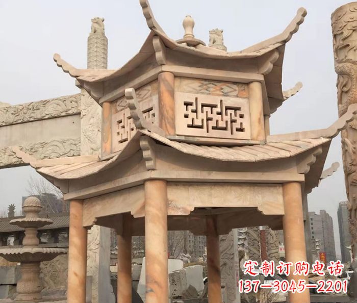 威海晚霞红双层石雕凉亭