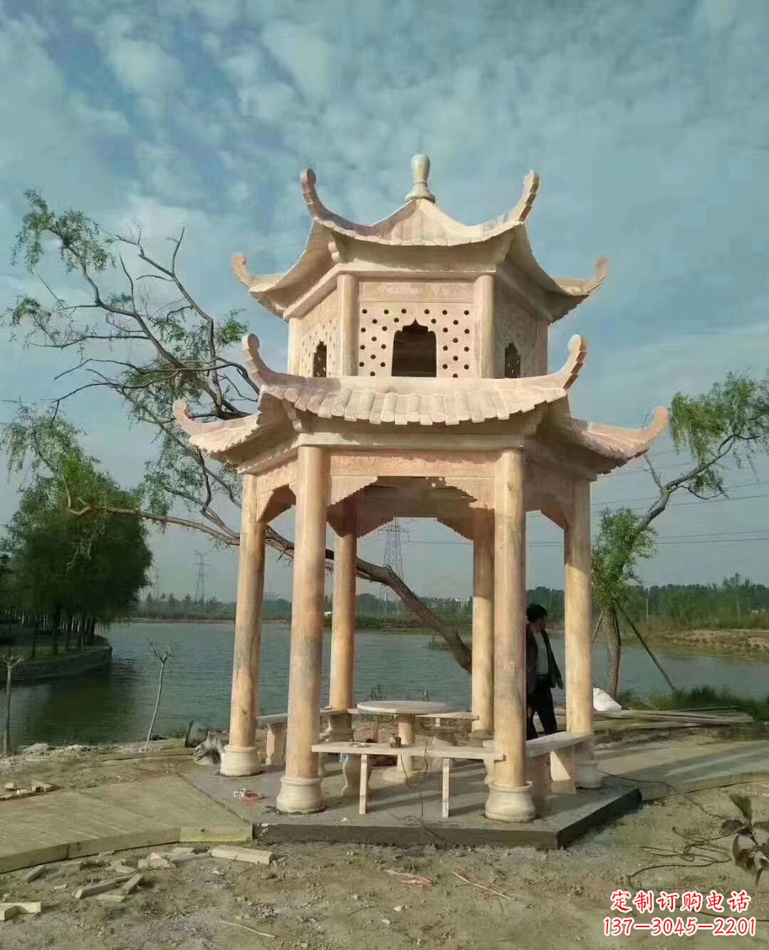威海晚霞红双层石凉亭 (2)