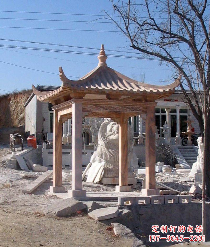 威海晚霞红四角凉亭景观石雕