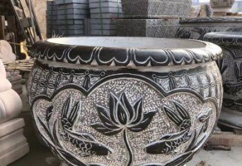 威海青石仿古荷花水缸雕塑