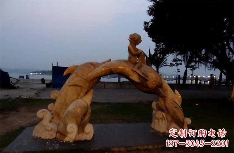 威海西方儿童骑海豚石雕