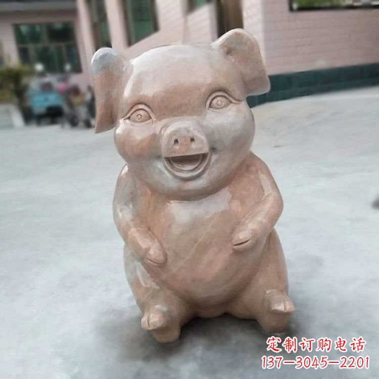 威海喜庆的石雕猪-晚霞红大理石生肖动物雕塑