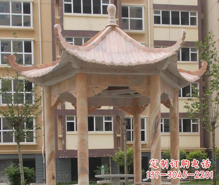 威海小区晚霞红六角凉亭石雕