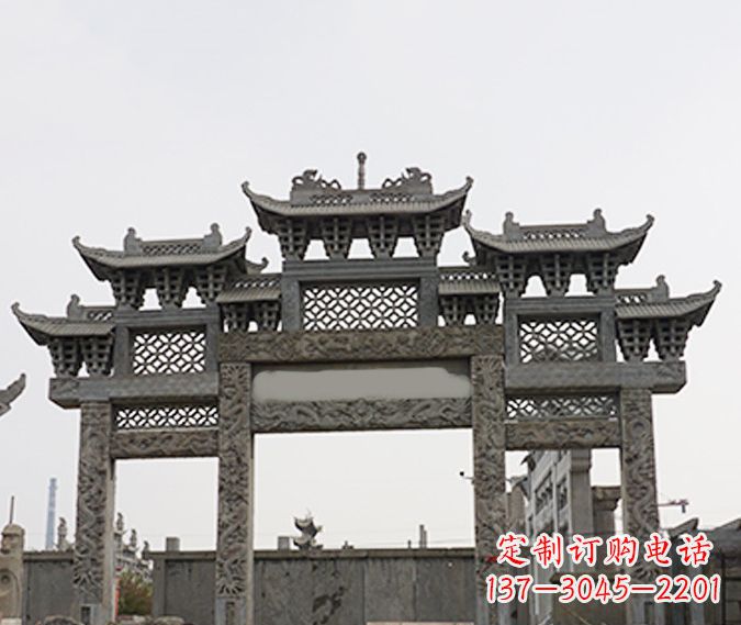 威海园林仿古三门牌坊石雕 (4)