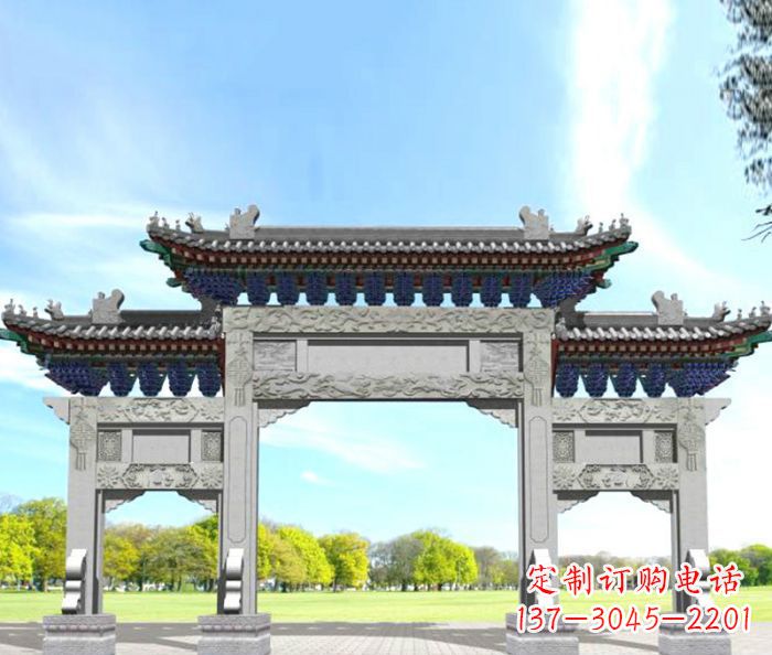 威海园林景观仿古三门石牌坊