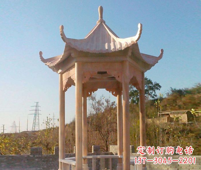 威海园林景观晚霞红单层石雕凉亭
