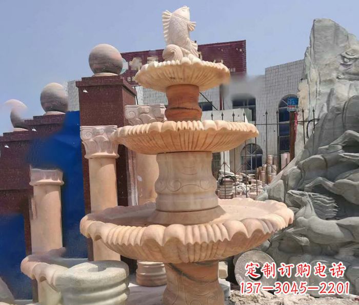 威海园林景观晚霞红鲤鱼喷泉石雕