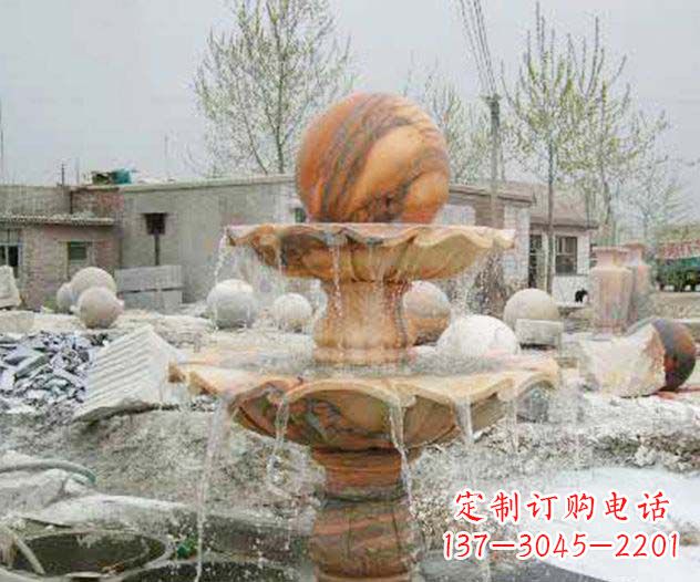 威海园林景观晚霞红风水球喷泉石雕