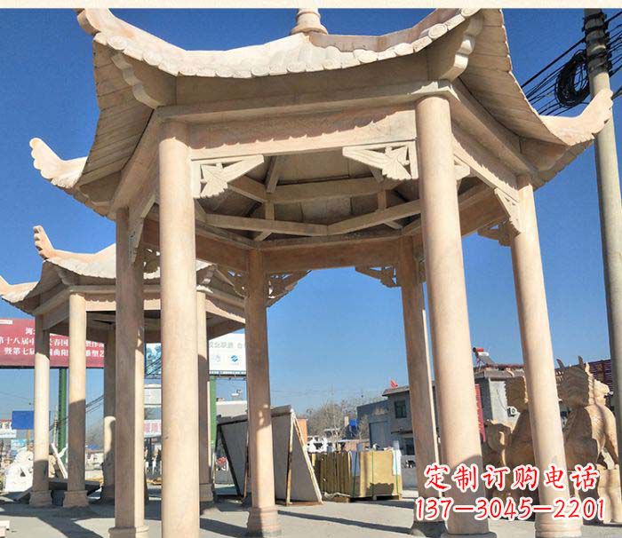 威海园林景观晚霞红六角石雕凉亭 (2)