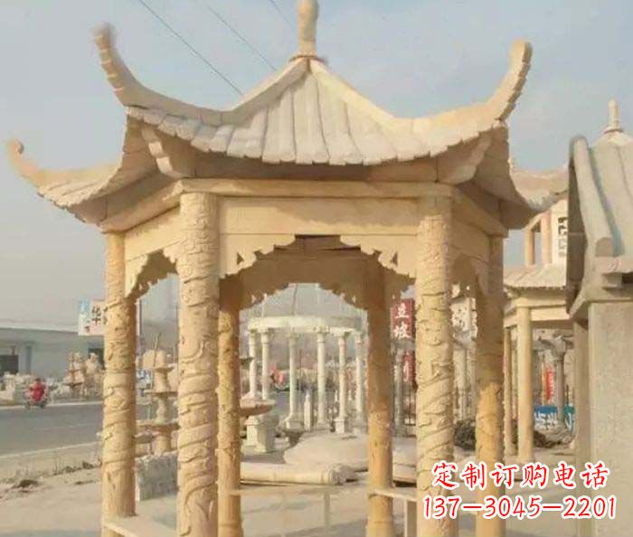 威海园林景观晚霞红六角石雕凉亭 (3)