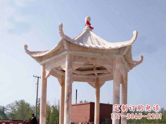 威海园林景观晚霞红六角石雕凉亭