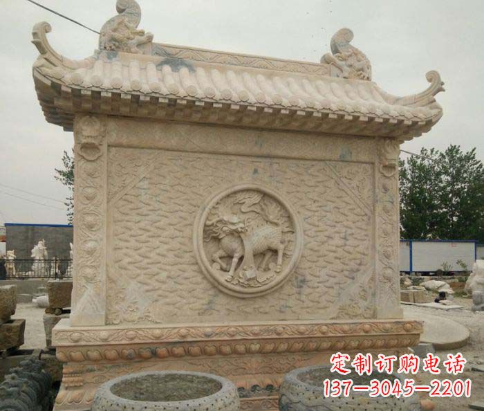 威海园林景观晚霞红石雕影壁