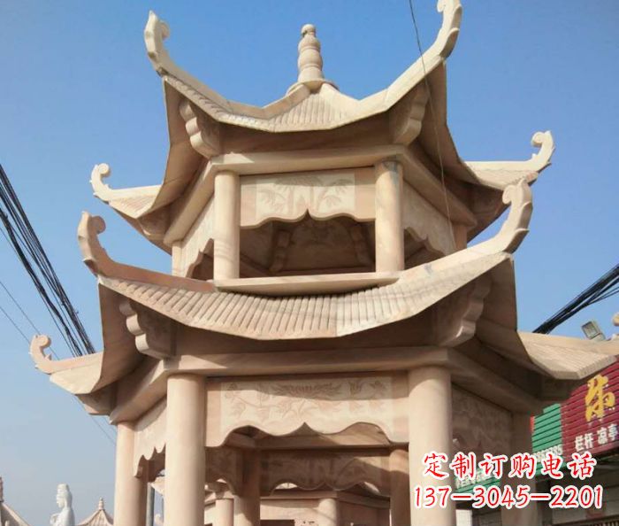 威海园林景观晚霞红双层石雕凉亭 (2)