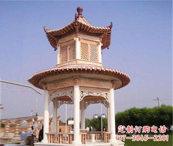 威海园林景观晚霞红双层石雕凉亭 (4)