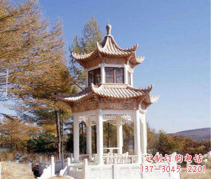 威海园林景观晚霞红双层石雕凉亭 (3)