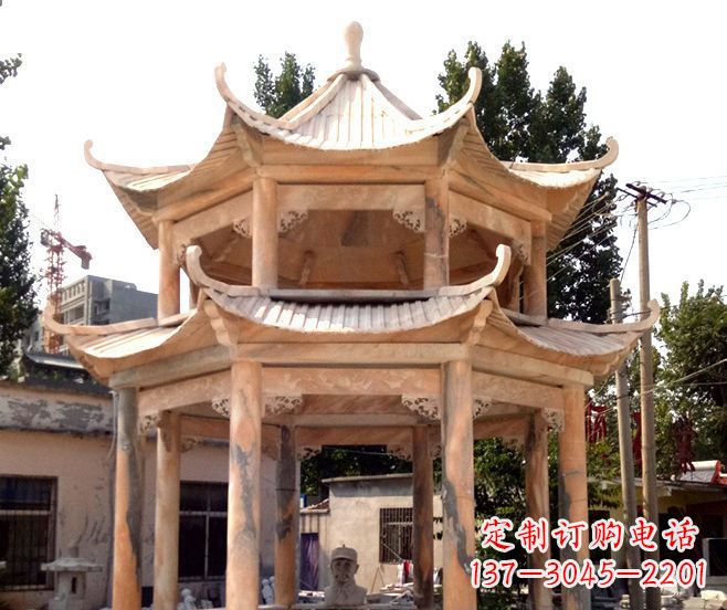 威海园林景观晚霞红双层石雕凉亭
