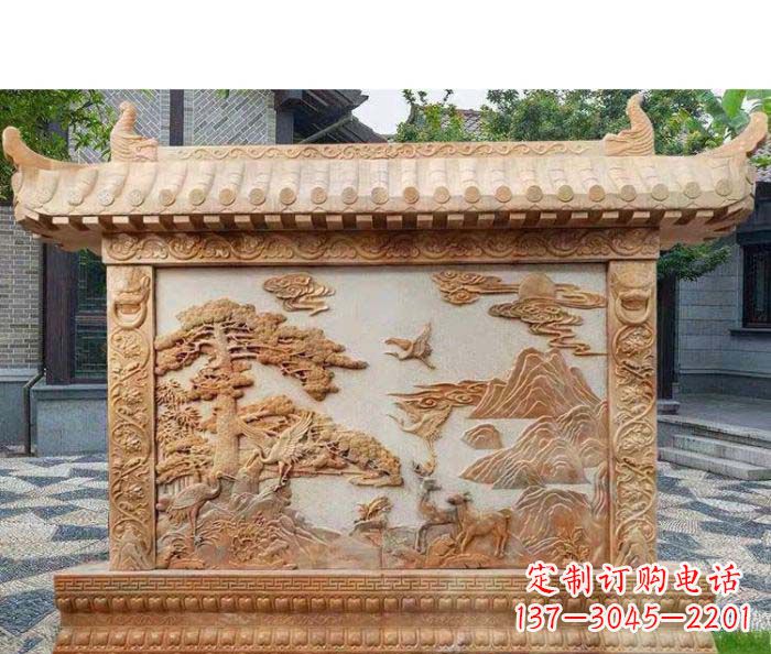 威海园林景观晚霞红松鹤石浮雕影壁