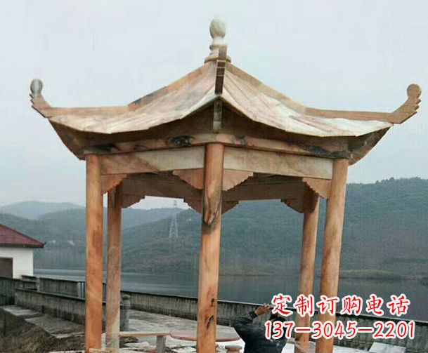 威海园林晚霞红单层石凉亭景观石雕