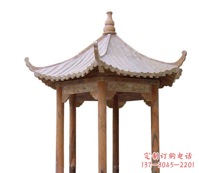 威海园林晚霞红六角石凉亭景观石雕 (2)