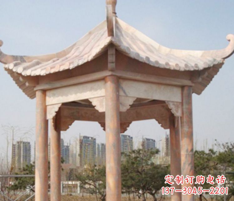 威海园林晚霞红六角石凉亭景观石雕