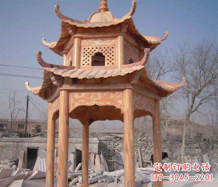 威海园林晚霞红石凉亭景观石雕