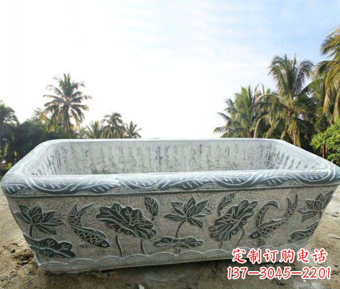 威海长方形连年有余荷花浮雕石水缸