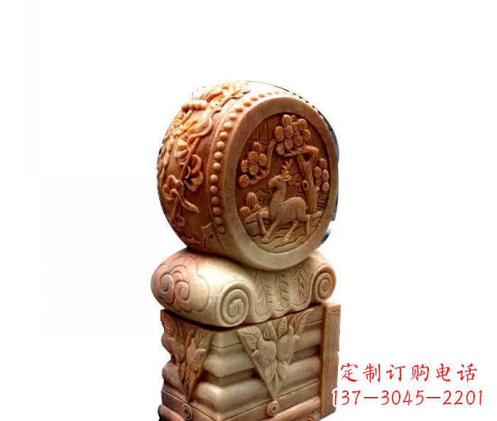威海招财石门墩晚霞红抱鼓石